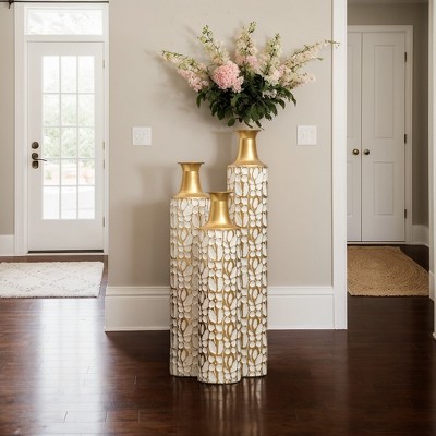 Set of 3 Floor Metal Vintage Decorative Vase with 3D Floral Pattern for Home Office, 32/28/24in Height