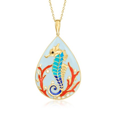 Ross-Simons Multicolored Enamel Seahorse Pendant Necklace in 18kt Gold Over Sterling Size 18