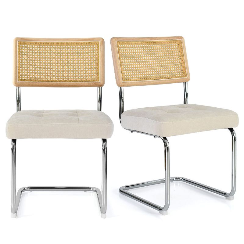 Set of 2 Kylie 20.5" Wider Flannel Upholstered Tufted Seat With Metal Chrome Legs and Woven Rattan Backrest Dining Chairs - The Pop Maison, 4 of 12