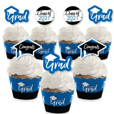 Big Dot of Happiness Blue Grad - Best is Yet to Come - Cupcake Decor - 2021 Royal Blue Grad Party Cupcake Wrappers and Treat Picks Kit - Set of 24