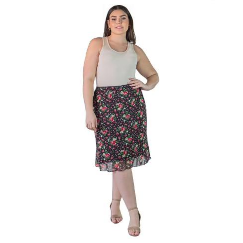 Plus Size Knee-length Elastic Waist With A Sheer Floral Overlay Skirt ...
