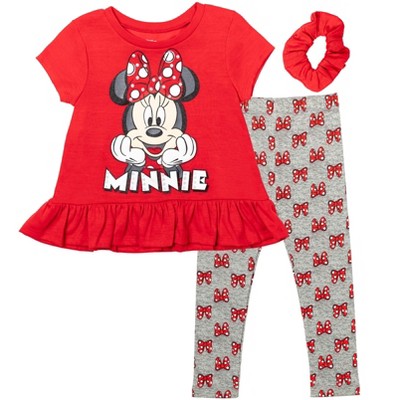 Disney Minnie Mouse 3 Piece Outfit Set: T-Shirt Legging Scrunchy Gray/Red 