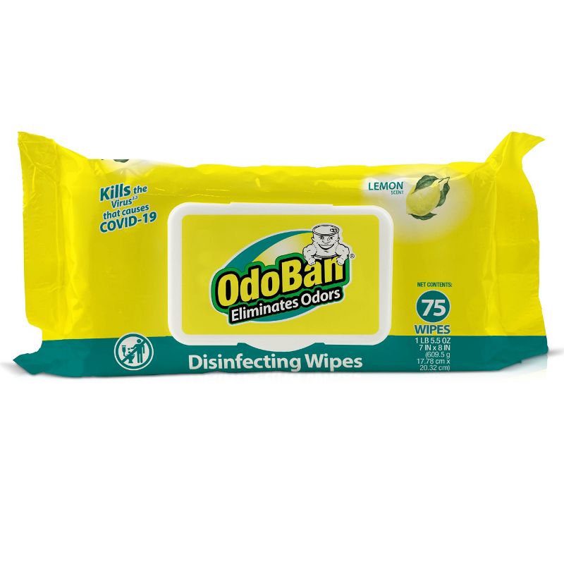 OdoBan Disinfectant and Odor Eliminating Wipes, Air Freshener, Package of 75 Wipes, Lemon Scent, 1 of 6