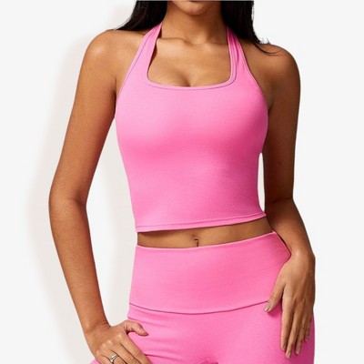Anna-Kaci Active Women's Ribbed Halter Neck Sports Bra with Built-In Bra