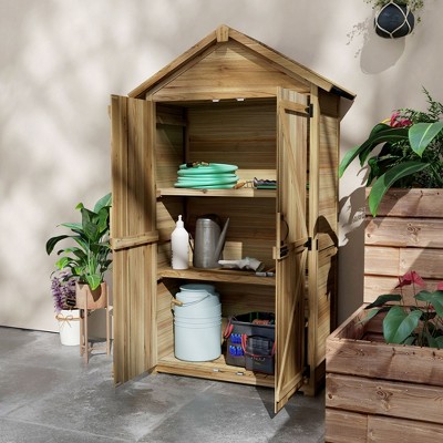 Natural Brown Wooden Outdoor Storage Shed with Shelves