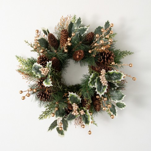 20H Sullivans Gold Holly and Pine Christmas Mini Wreath, Green