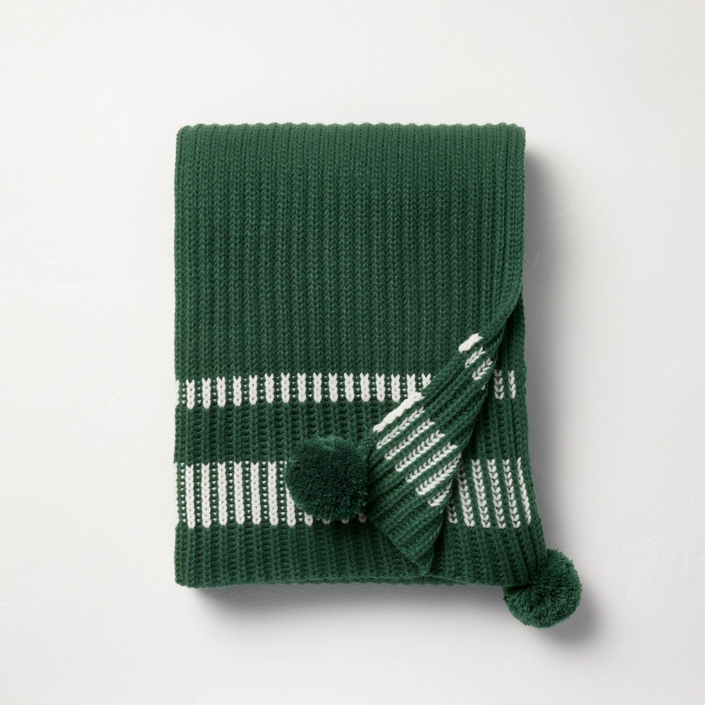 Border Stripe Rib Knit Throw Blanket Green/White - Hearth & Hand™ with Magnolia