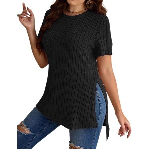 Women's Plus Size Tops Crew Neck Short Sleeve Split Hem Tee Shirt Casual Summer Ribbed Knit Blouses - 1 of 4