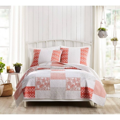 Laura Ashley 3pc King Celina Patchwork 100% Cotton Quilt Bedding Set Red :  Target