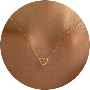 14K Gold Open Heart Necklace for Her, Dainty Adjustable Choker with Tiny Love Pendant, Minimalist Gold Jewelry Gift - 1 of 4
