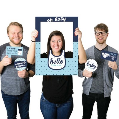 Big Dot of Happiness Hello Little One - Blue and Silver - Boy Baby Shower Selfie Photo Booth Picture Frame & Props - Printed on Sturdy Material