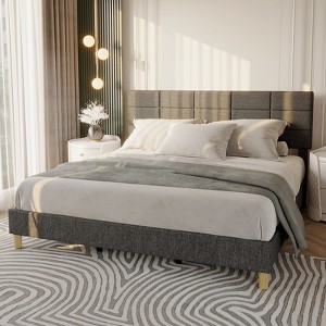 Bed Frame, Linen Upholstered Platform Bed Frame with Height Adjustable Headboard, Metal Frame - 1 of 4