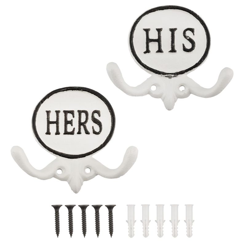 AuldHome Design White His and Hers Towel Hooks, Set of 2; Cast Iron Rustic Farmhouse Decor Door Wall Hangers, 1 of 9