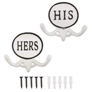 AuldHome Design White His and Hers Towel Hooks, Set of 2; Cast Iron Rustic Farmhouse Decor Door Wall Hangers