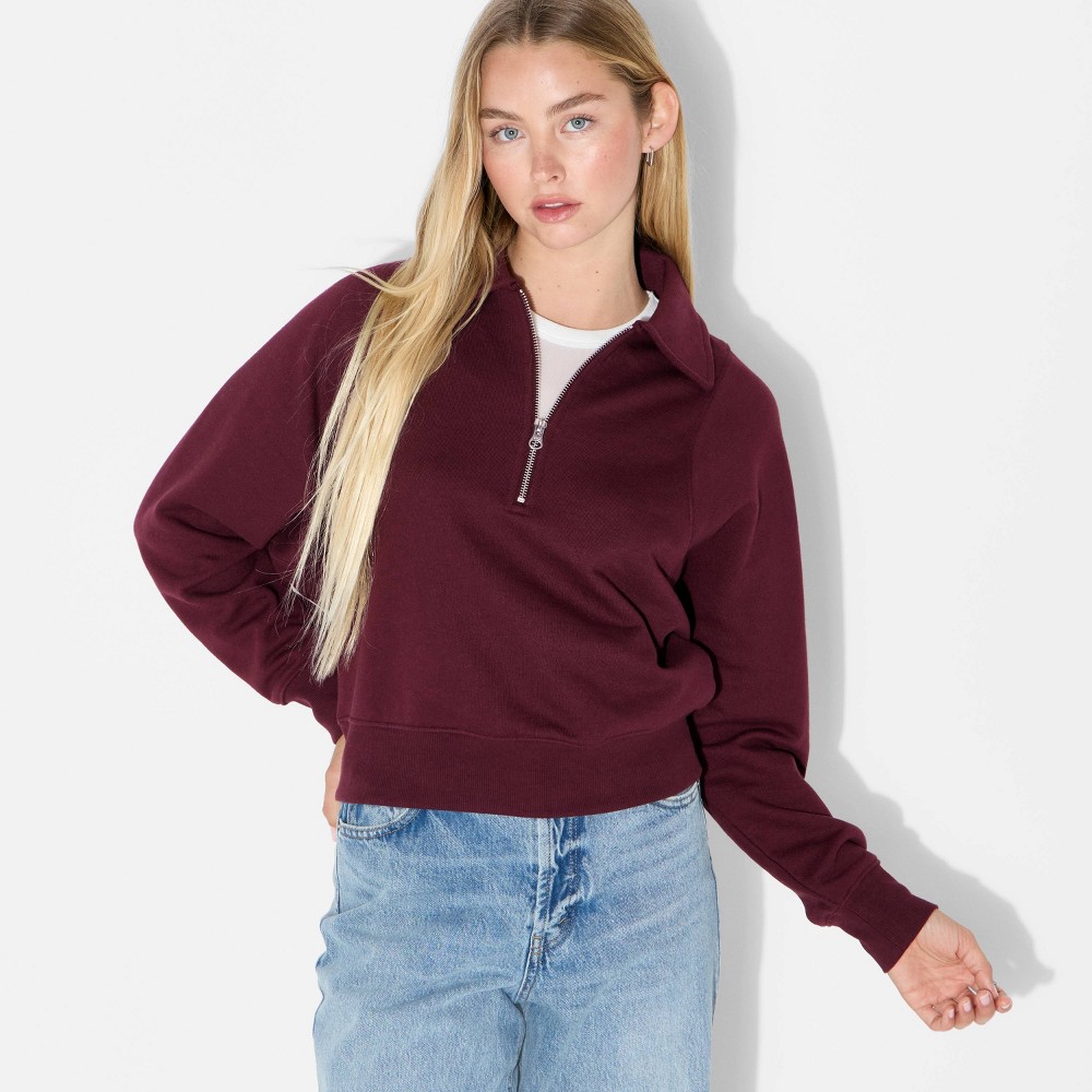 Women's Polo Collar Pullover Sweatshirt - Wild Fable™ Burgundy XL
