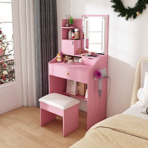 Vanity Desk with LED Mirror Lights and Power Outlet Charging Station, Makeup Dressing Table with 3 Drawers Pink - 1 of 4