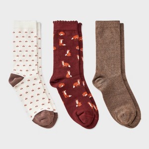 Women's Foxes Scallop Cuff 3pk Crew Socks - A New Day™ Burgundy/Brown Heather/Ivory 4-10 - 1 of 3