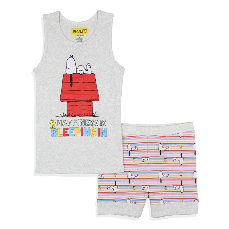 Peanuts Girls' Snoopy Happiness Is Sleeping In Pajama Set Tank Top Shorts Grey, 1 of 7