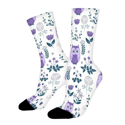 Cute Owls Purple Floral Women Printed Crew Socks Funny Funky Socks Soft Polyester Novelty Gifts for Artists Men
