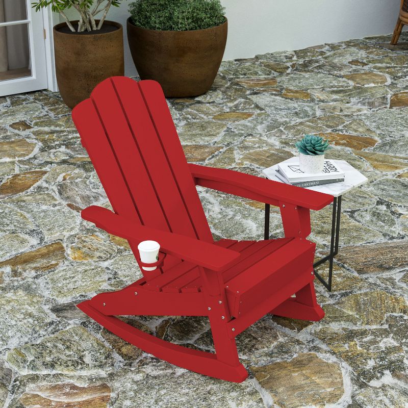 Merrick Lane Adirondack Rocking Chair with Cup Holder, Weather Resistant HDPE Adirondack Rocking Chair in Red, 2 of 11