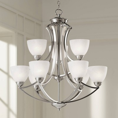 Milbury Satin Nickel Two-Tier 9-Light Chandelier with White Glass Shades