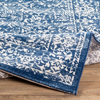 Navy Blue and White Rectangular Synthetic Area Rug