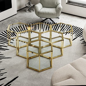 6pcs Small Stainless Steel Coffee Table with Double-Layer Tempered Glass and Polygonal Design for Living Room - 1 of 4