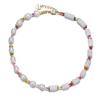 Guili 14k Yellow Gold Plated Multi Color Beads Necklace with Freshwater Pearls for Kids