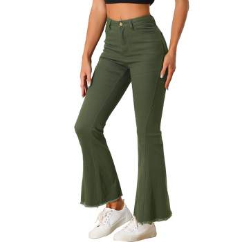 Conshvi Women's Mid Waisted Bell Bottom Jeans Stretchy Loose Fit Flare  Jeans Raw Hem Olive Green Denim Pants, Green, Small at  Women's Jeans  store