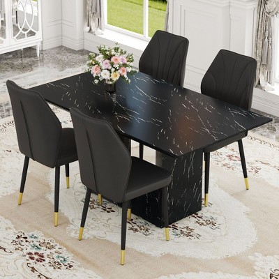 NicBex Dining Table Set for 4 Kitchen Table Black Marble Pattern MDF Dining Set with 4 White PU Chairs With a Widened Backrest Design