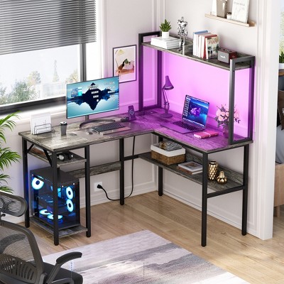 Aheaplus L Shaped Desk with Hutch, LED Lights, Reversible Corner Desk with Power Outlet