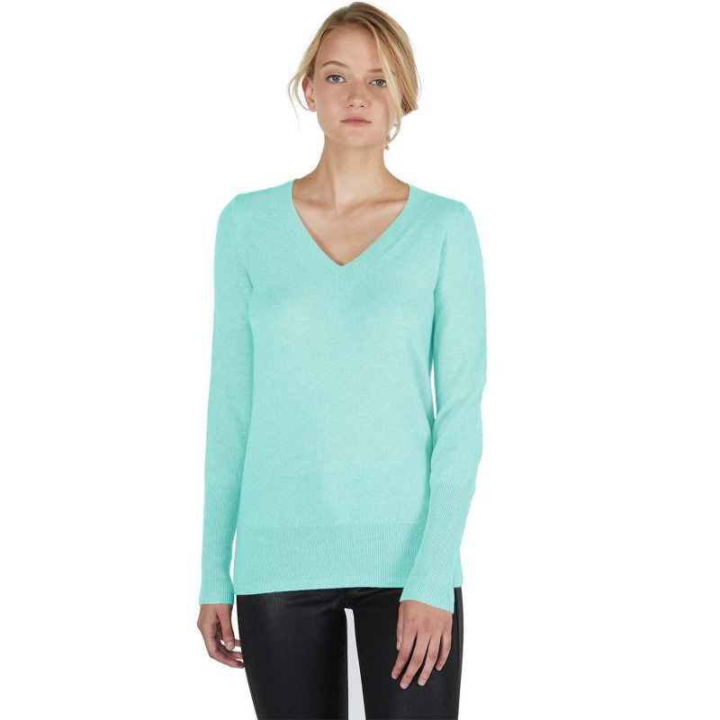 JENNIE LIU Women's 100% Pure Cashmere Long Sleeve Ava V Neck Pullover Sweater, 1 of 4