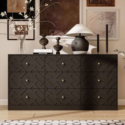 FUFU&GAGA Black 9 - Drawer Dresser with Geometric Pattern & Gold Accents - Multi - Room Storage Solution