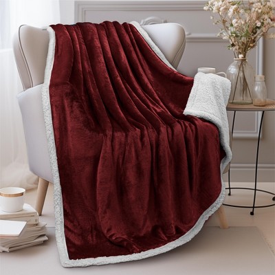 Wine Red Reversible Sherpa Fleece Throw Blanket 50" x 60"