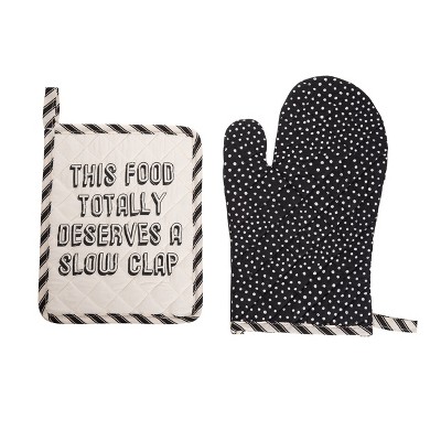 Totalee Gift Slow Clap Pot Holder & Oven Mitt Set of 2 Cotton Black