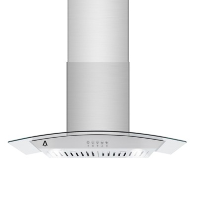 Acekool Wall Mount Range Hood with Curved Glass, Ducted/Ductless Convertible Exhaust, 3-Speed Fan, Push Button Control