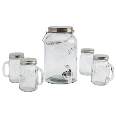 5pc Glass Beverage Dispenser and Drinkware Set - Mason Craft & More