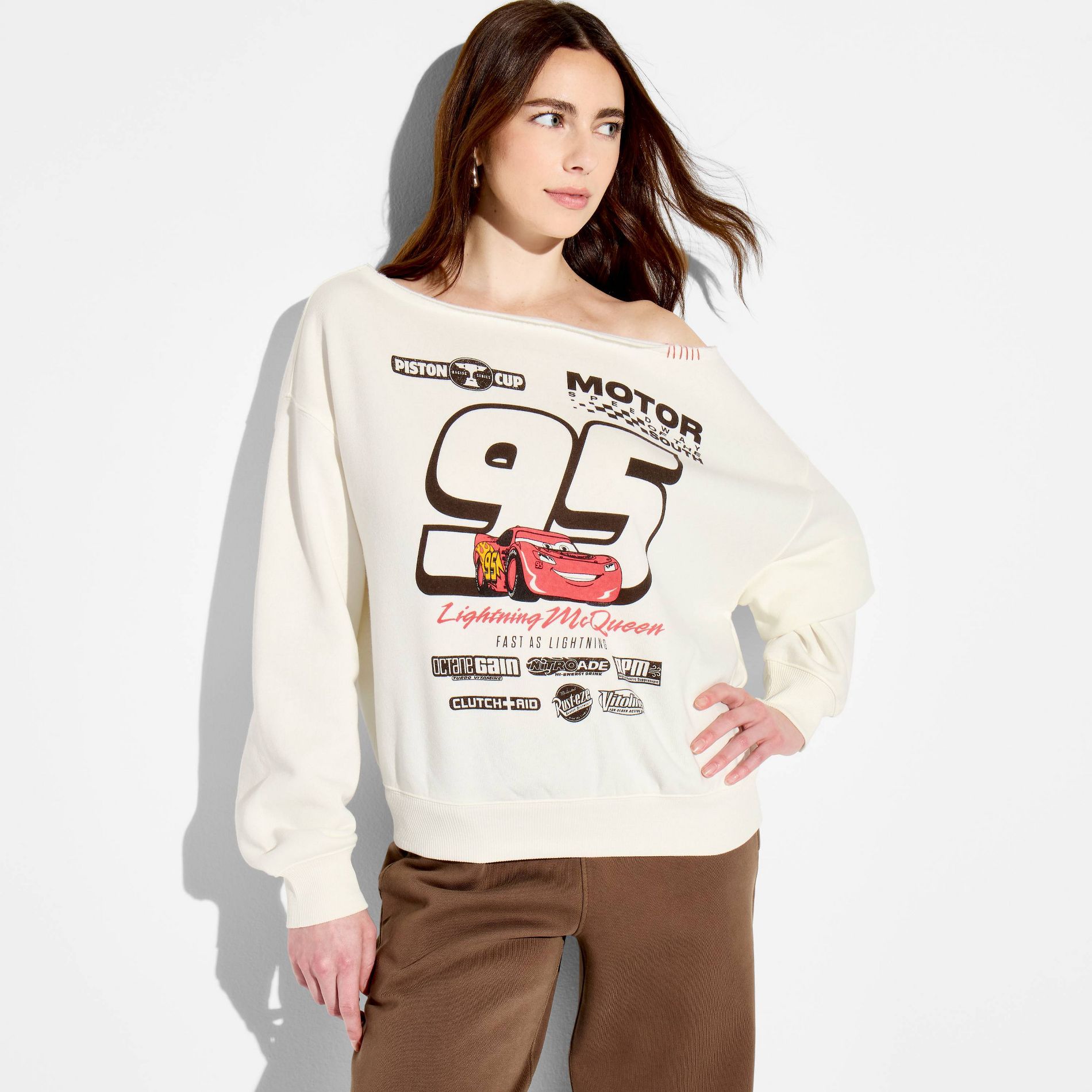 Women's McQueen 95 Off The Shoulder Graphic Pullover Sweatshirt - Off-White