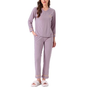 INSPIRE CHIC Women's Cotton Ribbed V Neck Pullover Tops and Pants with Pockets Pajama Sets - 1 of 4