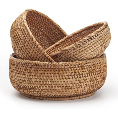 BRINJOY 3-Piece Stackable Round Rattan Basket Set - Natural Woven Storage Bowls for Fruits, Keys, Kitchen Counter (10.2", 9", 7.9")