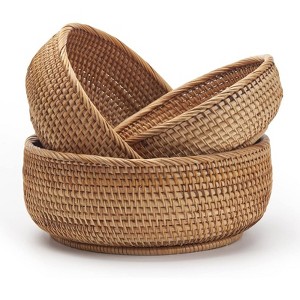 BRINJOY 3-Piece Stackable Round Rattan Basket Set - Natural Woven Storage Bowls for Fruits, Keys, Kitchen Counter (10.2", 9", 7.9") - 1 of 4