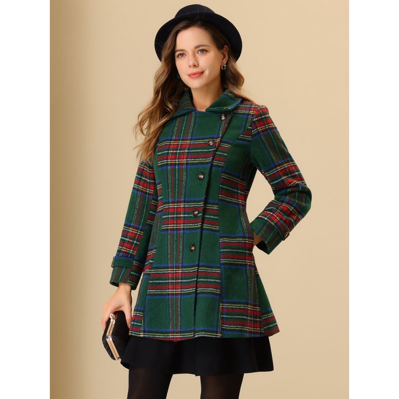 Allegra K Women's Notched Lapel Overcoat Single Breasted Vintage Winter Tartan Plaid Trench Coats, 2 of 7