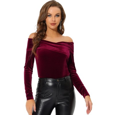 Allegra K Women's Velvet Slim Fit Long Sleeve Off-shoulder Blouse