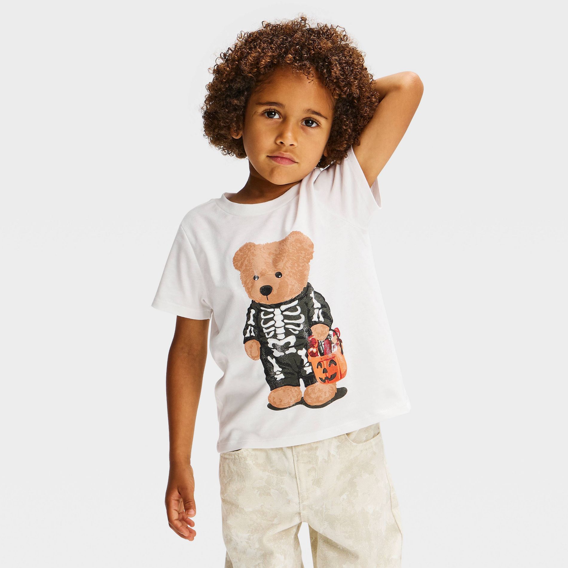 Grayson Threads Mini Toddler Distressed Halloween Skeleton Teddy Bear Graphic T-Shirt - Off-White