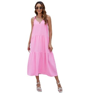 Womens Spaghetti Strap Sundress V Neck Tiered Dress Adjustable Strap Keyhole Cover Up Dresses for Beaches Sleeveless Beach Dress - Pink,2XL - 1 of 4