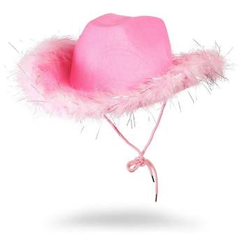Juvolicious Womens Cowboy Hat - Cute, Fluffy, Sparkly Cowgirl Hat with Feathers for Halloween, Birthday, Bachelorette Party (Pink)