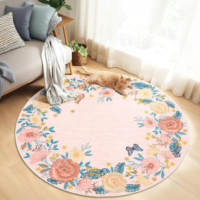 Modern Floral Washable Area Rug Non-Slip Soft Low Pile Stain Resistant Carpet, Large Throw Rug for Living Room, Bedroom, Dining Room Nursery