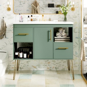 36''W Bathroom Vanity with Resin Sink, Modern Freestanding Bathroom Cabinet with 2 Drawers & 2 Storage Compartments, Green - ModernLuxe - 1 of 4