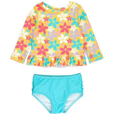 RuffleButts Baby Girls UPF50+ Long Sleeve Rash Guard Bikini