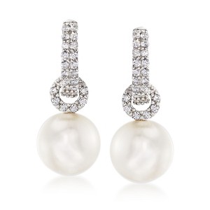 Ross-Simons Cultured Pearl and 50 ct. t.w. CZ Hoop Drop Earrings in Sterling Silver - 1 of 4